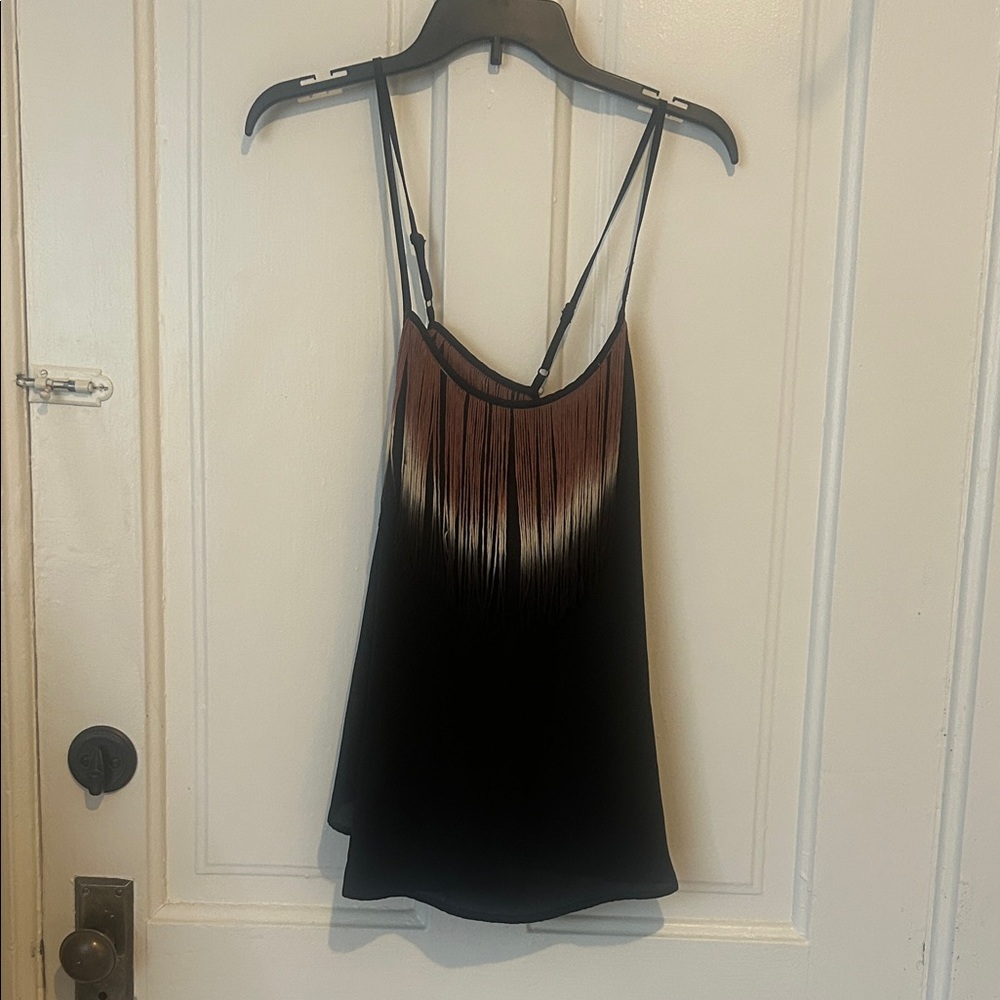 Socialite Black tank with Black, White, and Brown Fringe Trim
